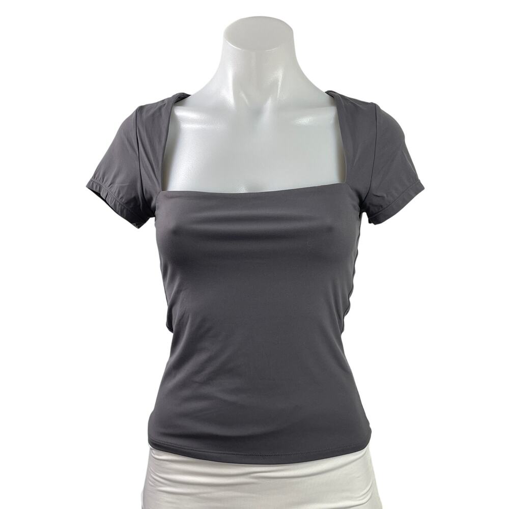 Qinsen Women's Dark Gray Short Sleeve Square Neck Stretch T Shirt Tee Top Size M